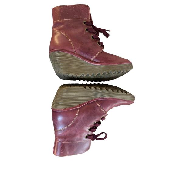 FLY LONDON BURGUNDY LACE UP WEDGE BOOTS SZ. 7/37 - Picture 6 of 8